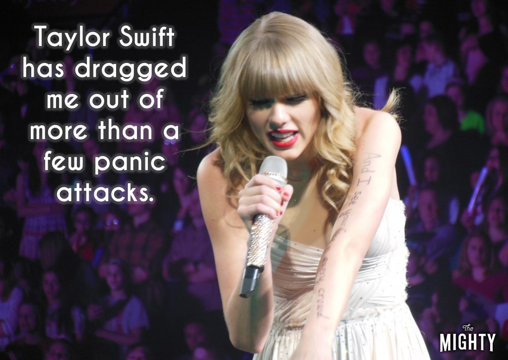 A photo of Taylor Swift singing in concern. Accompanying text: [Taylor Swift has dragged me out of more than a few panic attacks.]