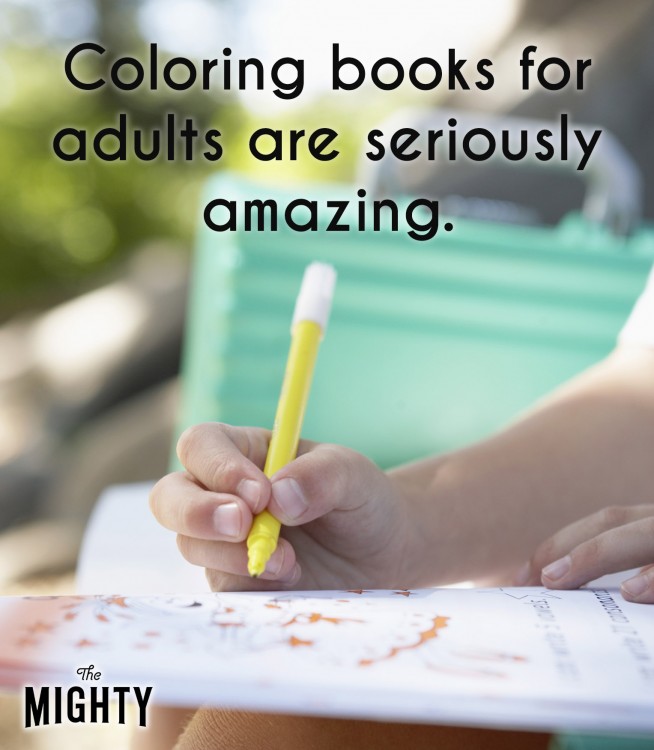 A close-up of someone coloring. Accompanying text: [Coloring books for adults are seriously amazing.