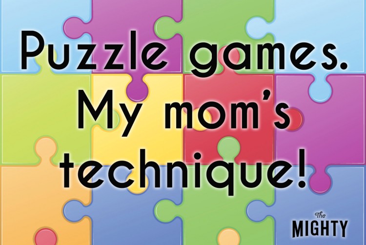 The text [Puzzle games. My mom's technique!] over a background of colorful puzzle pieces