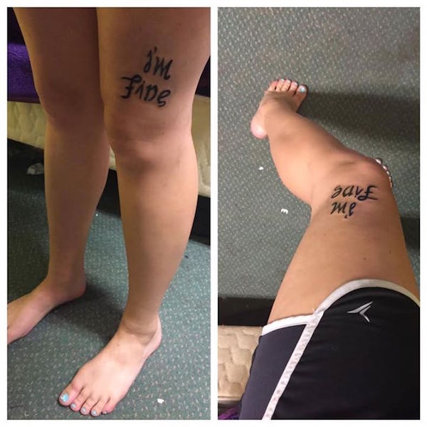A collage of two photos: Both showing a women's tattoo on her thigh that says, 'I'm fine.'