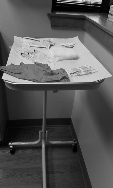 Table with medical supplies.