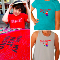A collage of people modeling Paper Clouds Apparell t-shirts and tanks