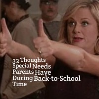 A picture of a blond woman (actress Amy Poehler) giving two thumbs up with the words, "TK Thoughts That Go Through Special Needs Parents Have During Back-to-School Time."