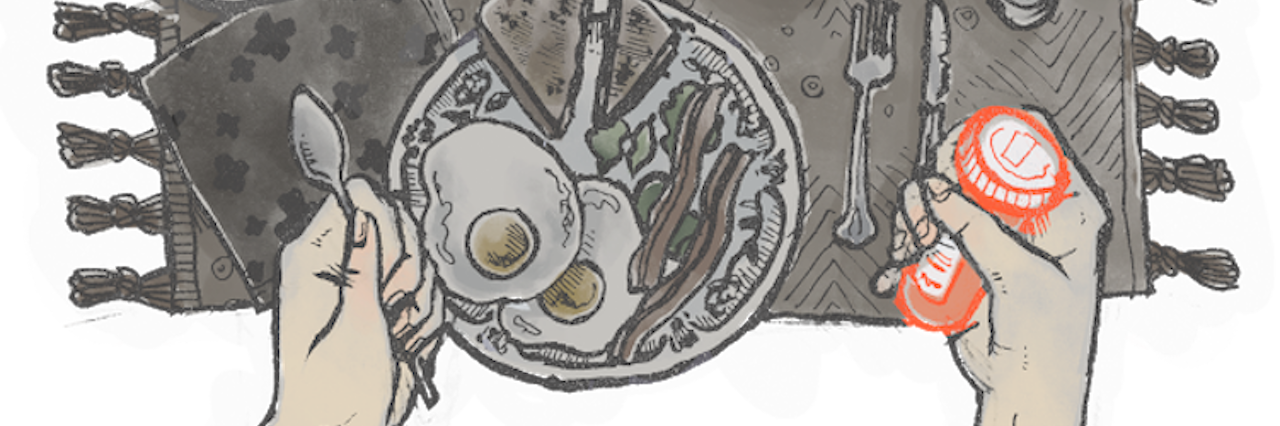 Why I'm Not Ashamed to Take Medication for Bipolar Disorder illustration of a person eating breakfast and holding a pill bottle