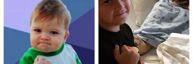 A collage; On the left: A meme of a small boy making a fist; On the right: A small boy standing nect to his father in a hospital bed, both of them making a fist
