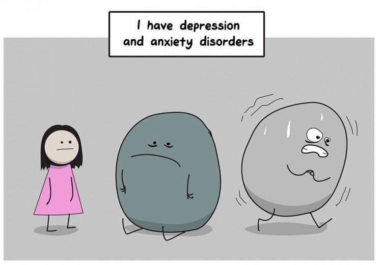 A cartoon girl sits with depression and anxiety, depicted as two large blobs with faces. Text reads: I have depression and anxiety disorders.