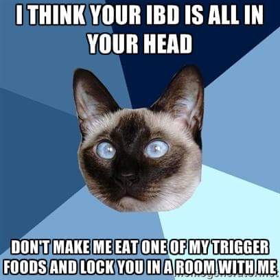 chronic illness meme: i think your IBD is all in your head. don't make me eat one of my trigger foods and lock you in a room with me.