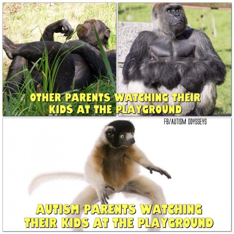 other parents watching kids at the playground vs. autism parents watching kids at the playground