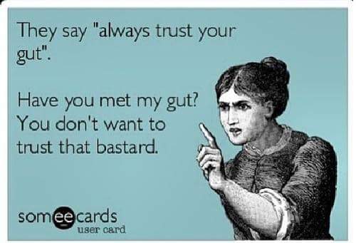 chronic illness meme: they say always trust your gut. have you met my gut? you don't want to trust that bastard.