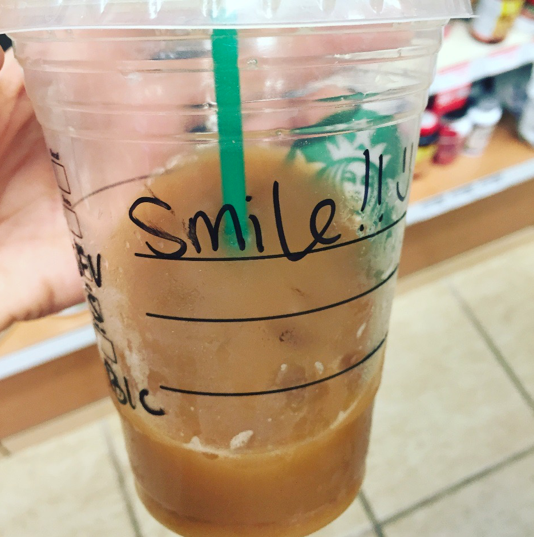 coffee cup that says smile!!