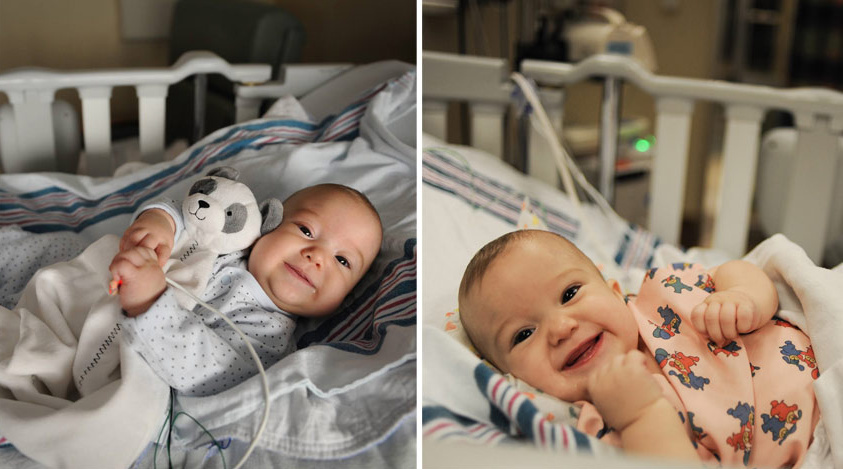 Baby smiling in a crib.