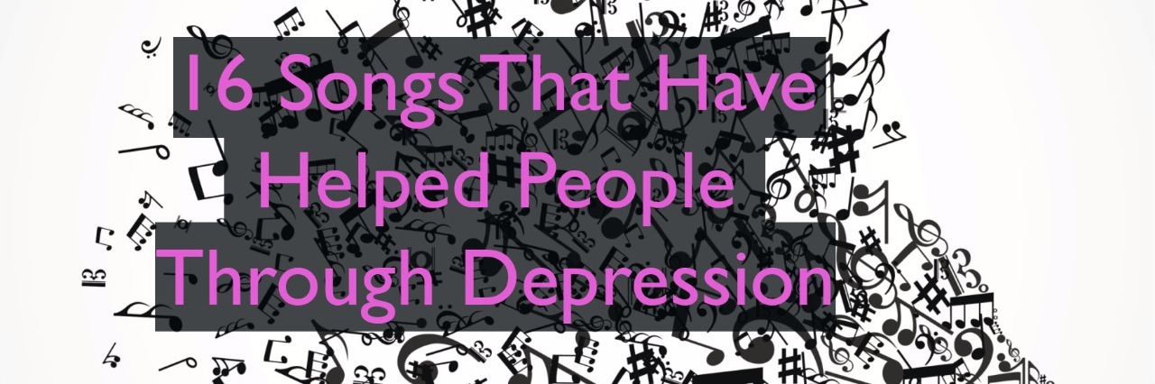 Depression Songs to Cheer You Up on Hard Days text reads: 16 songs that have helped people through depression