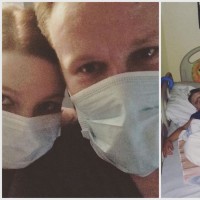 A collage with one photo of a mom and dad wearing hospital masks and another of a boy lying in a hospital bed