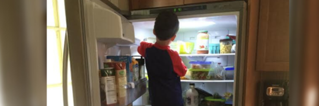 A young boy standing on the freezer, looking at an open fridge