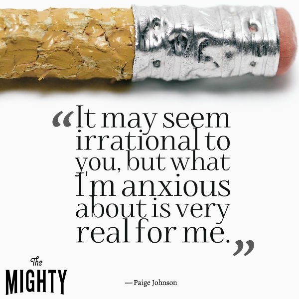 End of a pencil with lots of bite marks on it. Text reads, "It may seem irrational to you, but what I'm anxious about is very real to me."