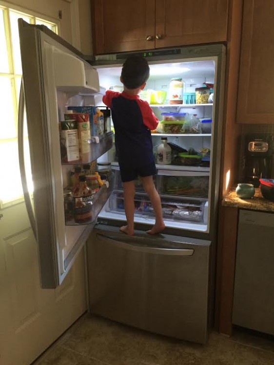 Boy standing in front of fridge with the door open