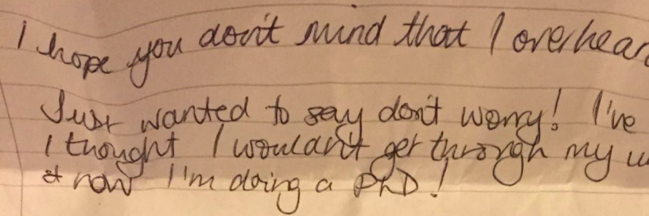 Stranger's Unexpected Note Helps College Student Through Mental Health Struggle Handwritten note with 10 pound bill attached
