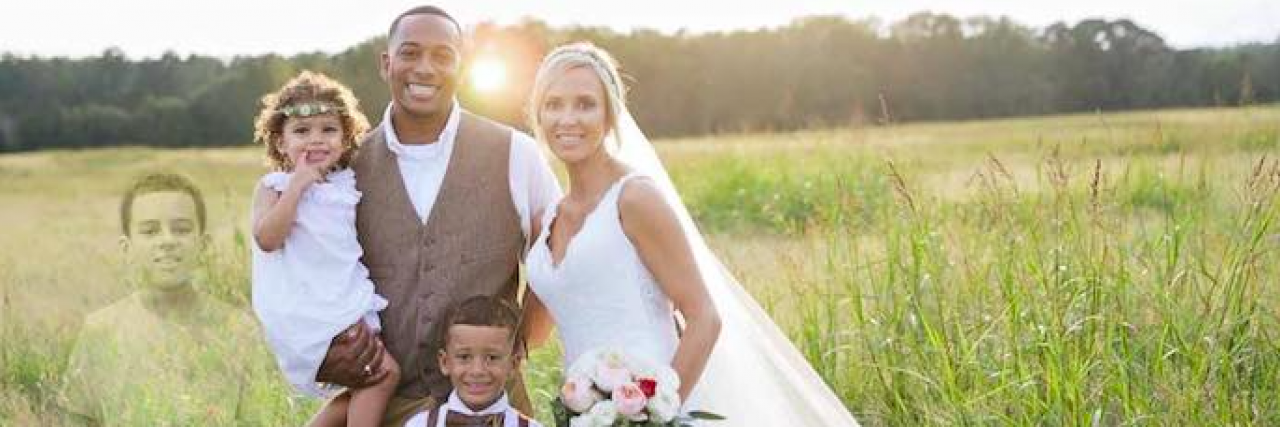 Thompson family wedding portrait including transparent image of son Lake, added via photoshop