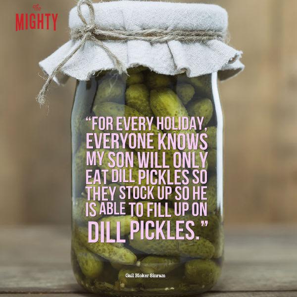 Meme: "For every holiday, everyone knows my son will only eat dill pickles so they stock up so he is able to fill up."