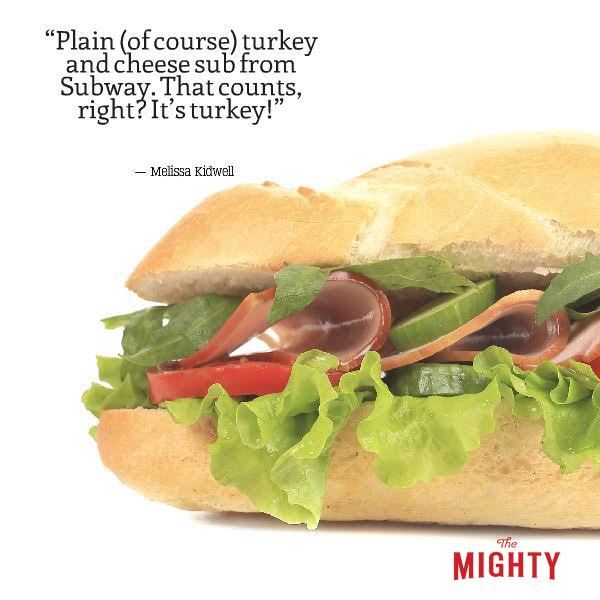 Photo of sandwich with meme: Plain (of course) turkey and cheese sub from Subway. That counts, right? It's turkey!"
