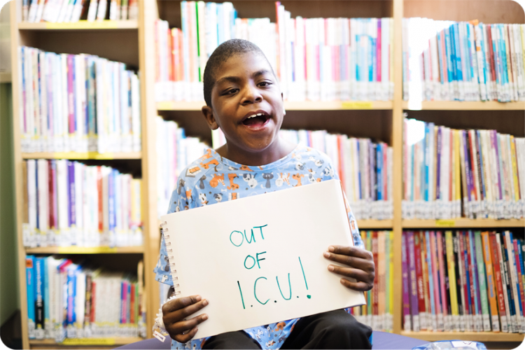 Gabe, admitted to the Pediatric Intensive Care Unit, expressed gratitude for the ability to leave his bed and visit the family library.