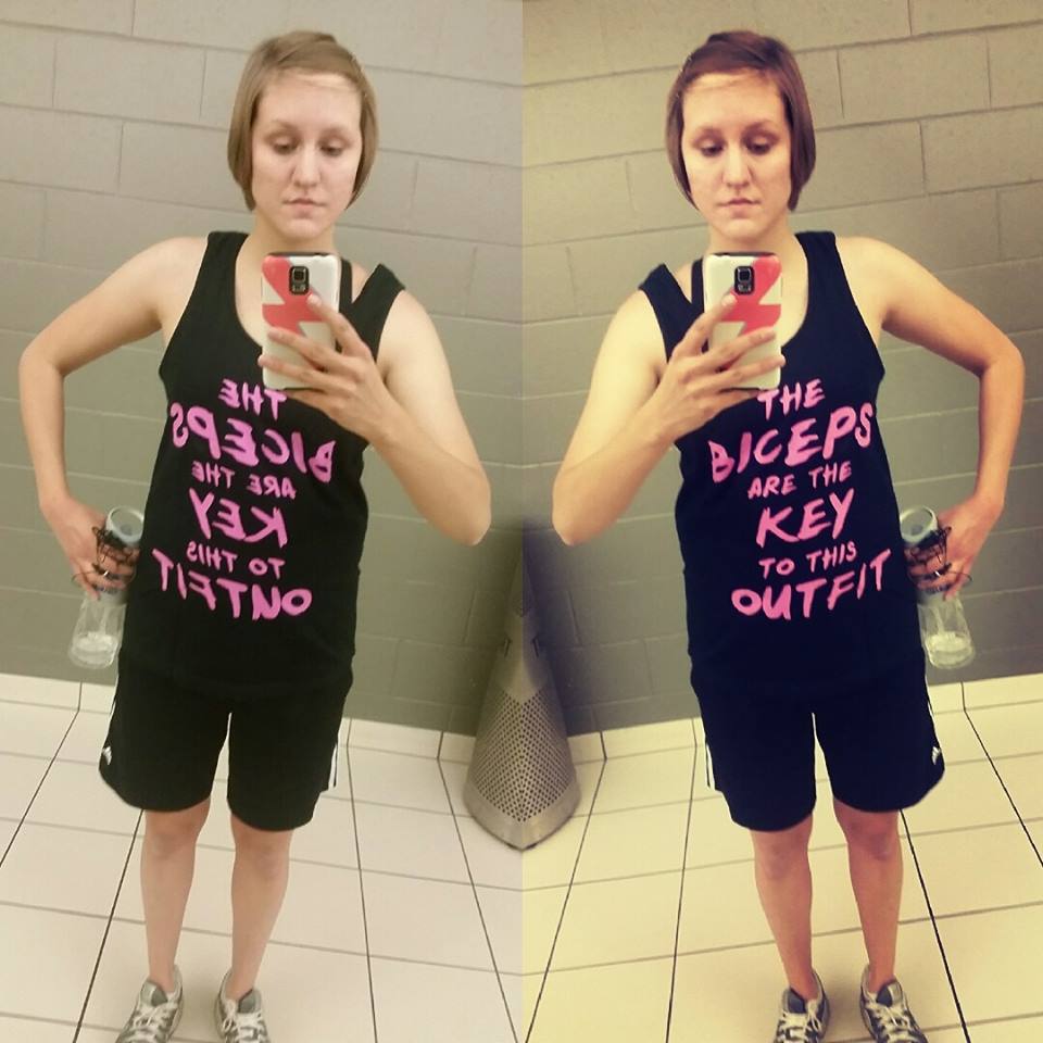 Tracy wearing a black tank top with the words "The biceps are key to this outfit" in bright pink