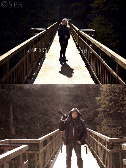 Two different pictures of Kaja and her father on a bridge. 