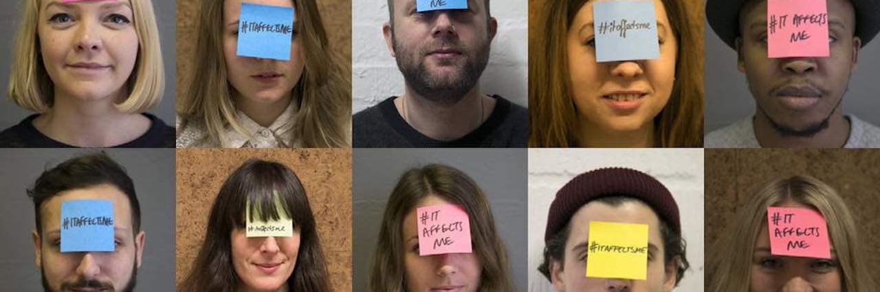 people pose with post-it notes saying #itaffectsme on their foreheads
