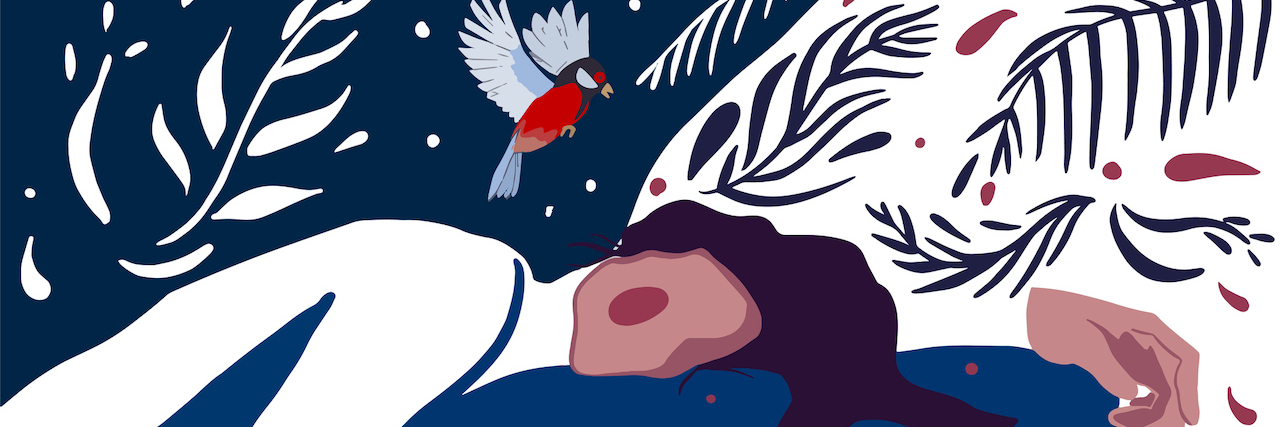 Illustration of a sleeping woman with rosy cheek and bird flying above her