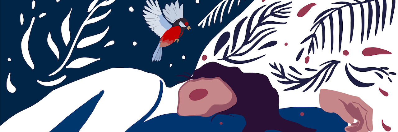 When People Don’t Believe My POTS Is Real Illustration of a sleeping woman with rosy cheek and bird flying above her