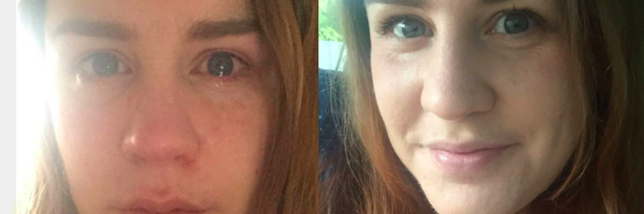Side-by-side selfies of a woman with long red hair crying and smiling