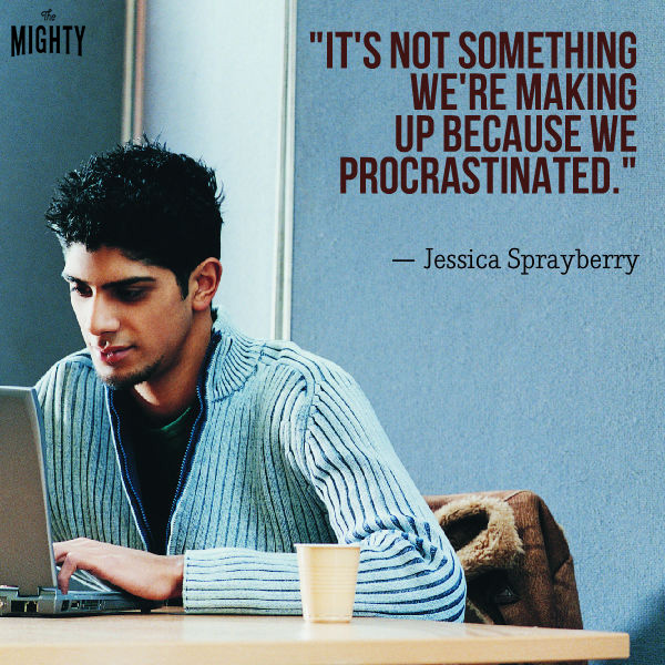A male student wit dark hair sits at his computer wearing a sweater. Text reads: "It's not something we're making up because we procrastinated." 