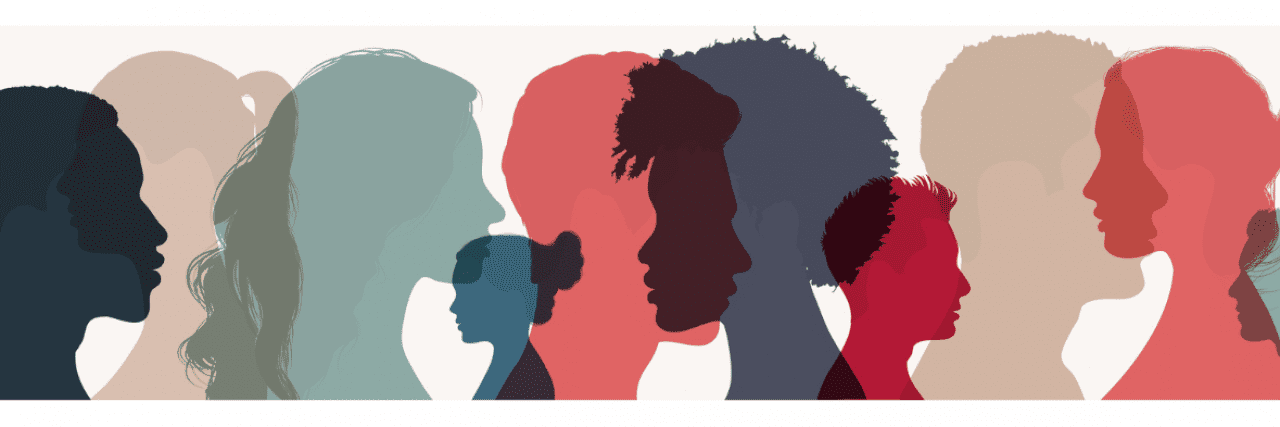 Multicolored silhouettes of diverse people facing different directions