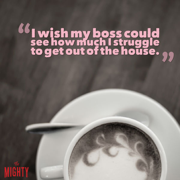 Image: Black and white latte on a plate with a spoon. Text reads: "I wish my boss could see much I struggle to get out of the house."
