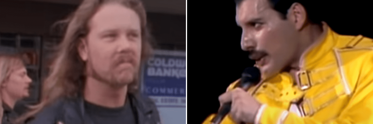 Classic Rock Songs That Help With Anxiety two panels showing James Hetfield of Metallica and Freddie Mercury of Queen