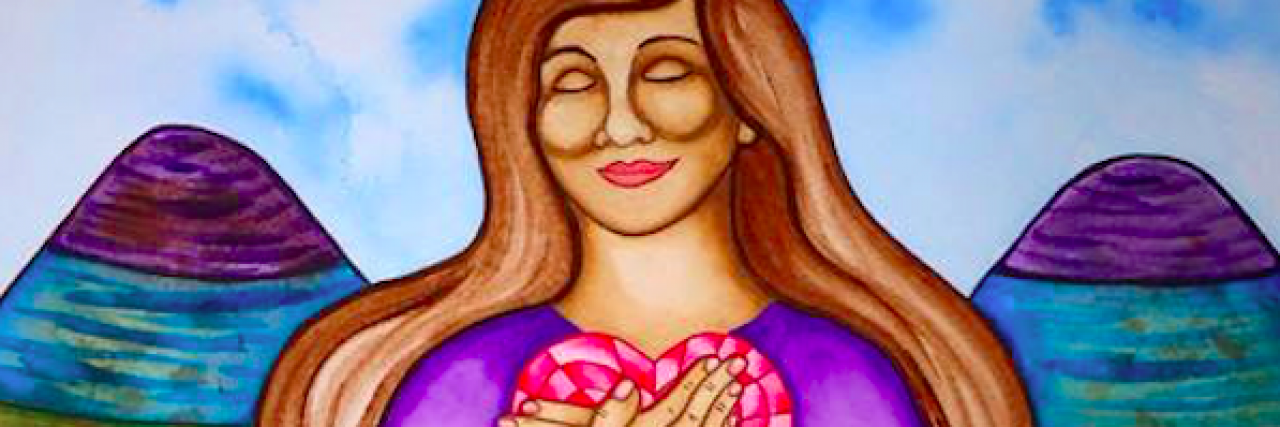 Colorful illustration of woman seated in lotus pose with hands holding a heart over her chest