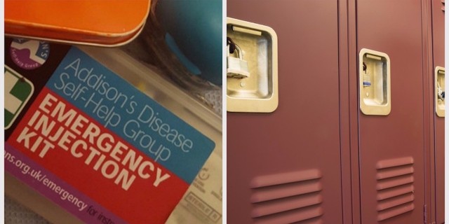 Collage of school lockers and emergency injection kit