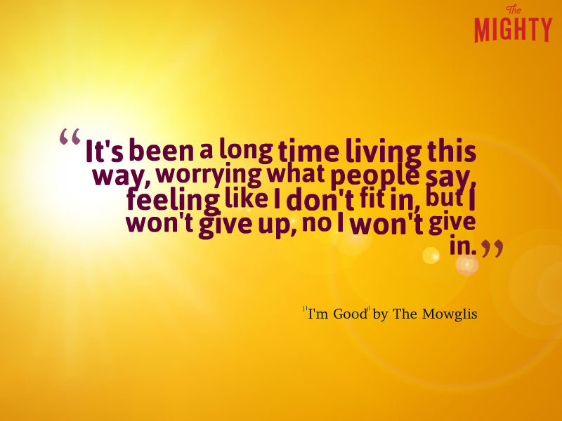 sun with lyrics ""It's been a long time living this way, worrying what people say, feeling like I don't fit in, but I won't give up, no I won't give in."