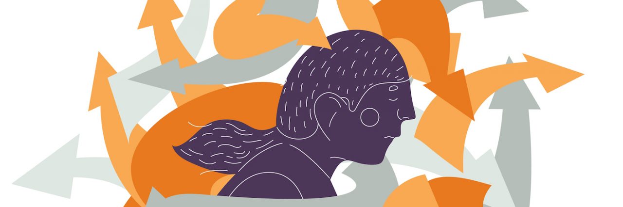 18 People Explain What ADHD Feels Like Illustration of person with long hair surrounded by arrows pointing in different directions