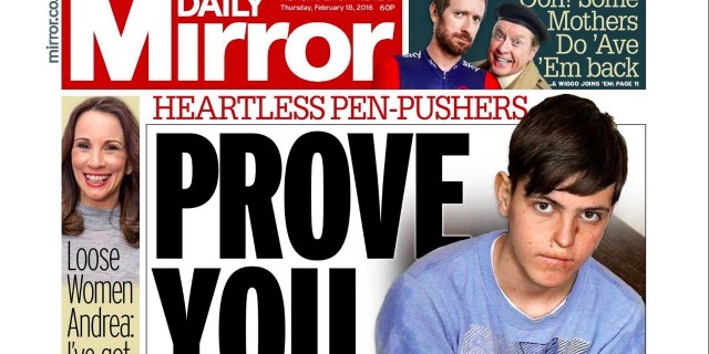 Parents ‘Disgusted’ After Quadruple Amputee Son’s Disability Was Questioned Edward Bright on the cover of the Daily Mirror
