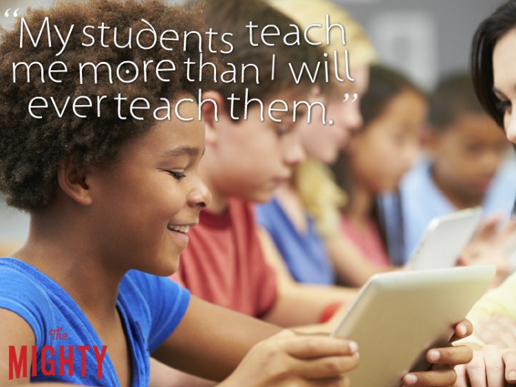Girl looking at tablet and reads 'My students teach me more than I will ever teach them.'