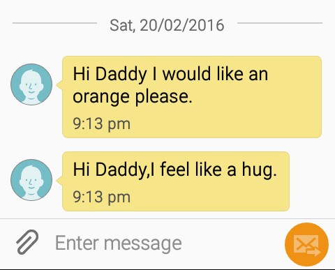 screenshot of TippyTalk with texts that read "Hi Daddy I would like an orange please." "Hi Daddy I feel like a hug."