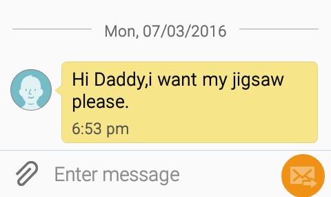 Screenshot of TippyTalk with text that reads "Hi Daddy, I want my jigsaw please."