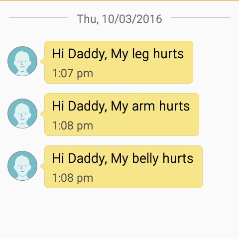 screenshot of TippyTalk, with texts that read "Hi Daddy, my leg hurts." "Hi Daddy, my arm hurts." "Hi Daddy, my belly hurts."