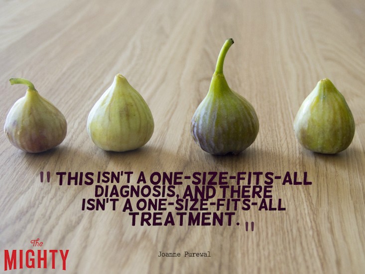 Four figs on a wooden table with the text: "This isn't a one-size-fits-all diagnosis, and there isn't a one-size-fits-all treatment."