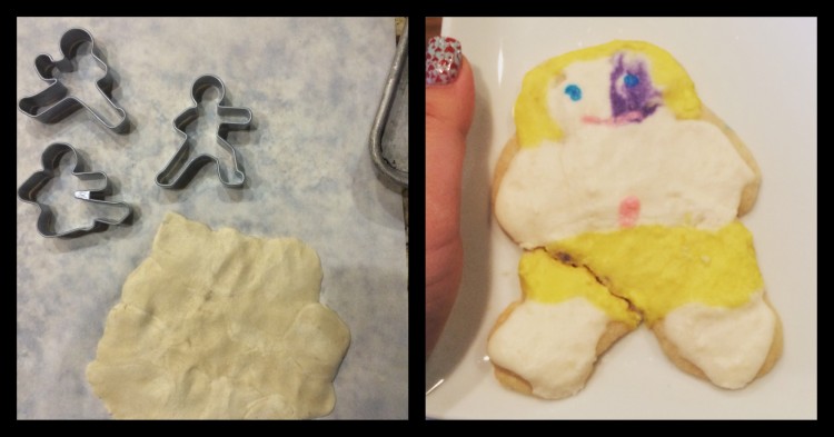 The left image shows a blob of doe and cookie cutters that looks like people. On the right is a cookie with a birth mark on its face.