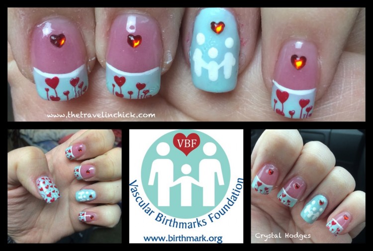 Crystal's nails. They are light blue with red hearts except for the middle -- which is light blue with three white figures holding hands.