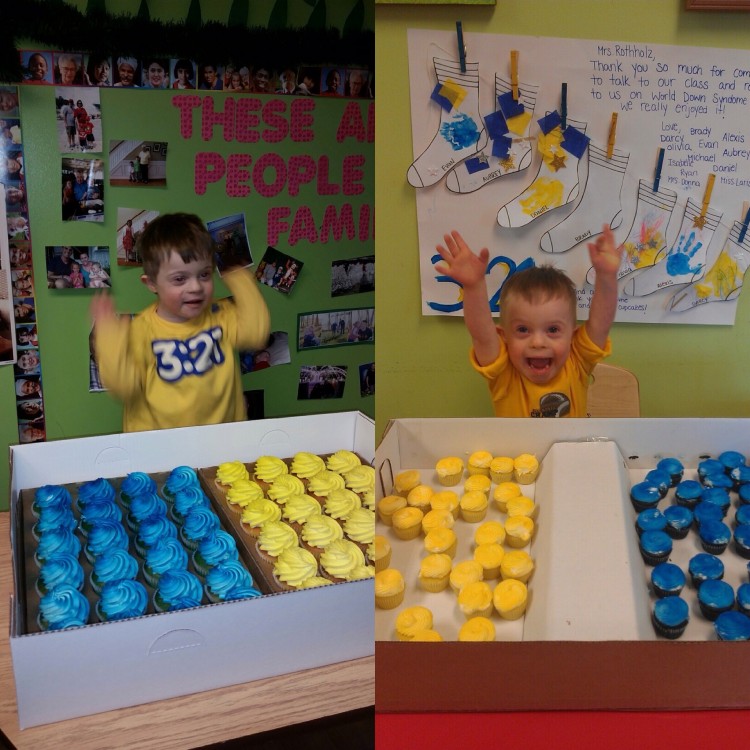 boxes of yellow and blue frosted cupcakes