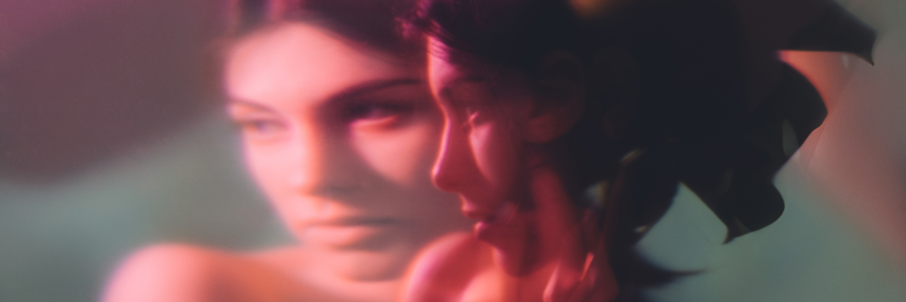 Stereotypes and Myths About Schizophrenia Fantasy portrait. Feminine elegance. Sensual woman face blur silhouette in neon red light double exposure noise effect. Mindfulness tranquility. Dreamlike contemplation.