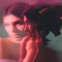 Fantasy portrait. Feminine elegance. Sensual woman face blur silhouette in neon red light double exposure noise effect. Mindfulness tranquility. Dreamlike contemplation.